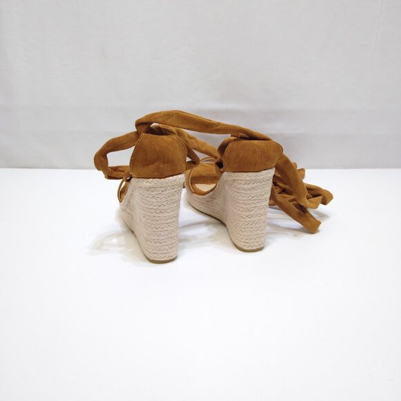 Tan Suede Espadrille Sz 7 Wedge Sandal Sexy Lace-up Ankle Strap Braided Platform - Picture 5 of 7